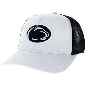 white front and brim trucker hat with stitched Penn State Athletic Logo